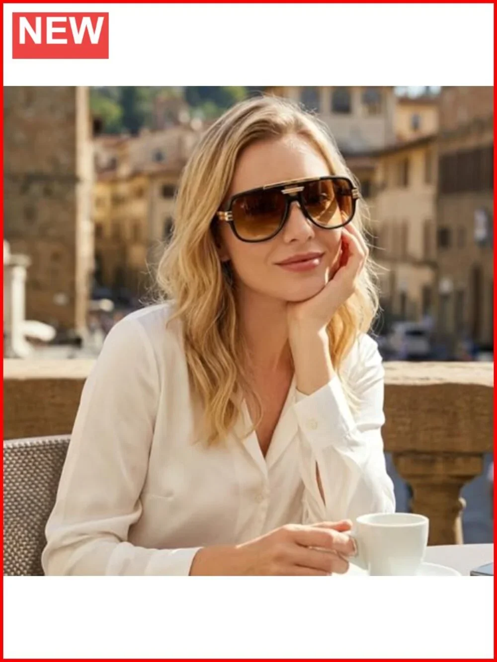 Oversized Aviator Sunglasses Square Frame Gold Metal Details Non-Polarized